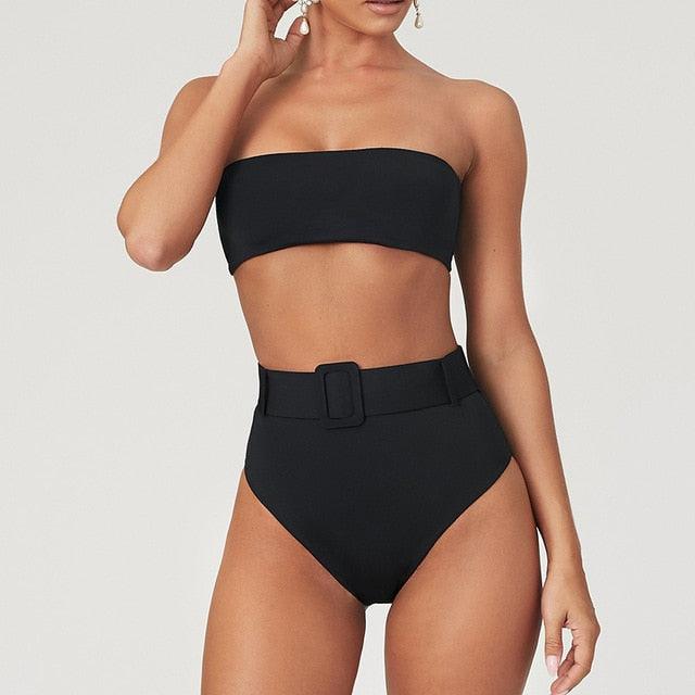 High Waist Bikini Black Swimwear Women Swimsuit High Leg Bikinis Set Women High Waist Bandeau Bikini Set Strapless 2 Piece Bathing Suit Swimsuits Tie Wrap Swimsuits Swimming for Bathing Suit Woman Swimsuits