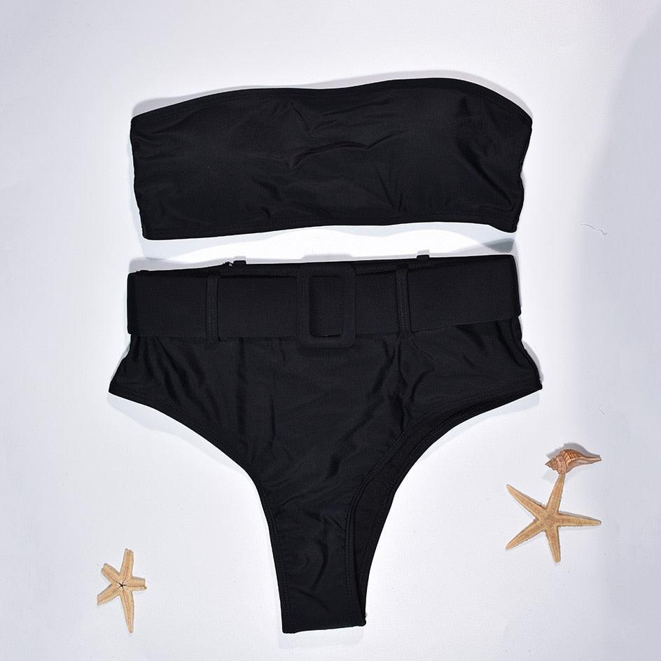 High Waist Bikini Black Swimwear Women Swimsuit High Leg Bikinis Set Women High Waist Bandeau Bikini Set Strapless 2 Piece Bathing Suit Swimsuits Tie Wrap Swimsuits Swimming for Bathing Suit Woman Swimsuits