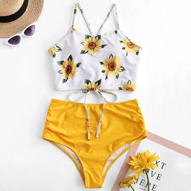 High Waist Bikini Leopard Swimsuit Women Bikini Floral Swimsuit Floral Crop Tie Knot Front High Waist Bikini Set Two Piece Swimsuit For Women Leopard Print High Neck Bikini Push Up Swimwear Summer High Waisted Bathing Suit