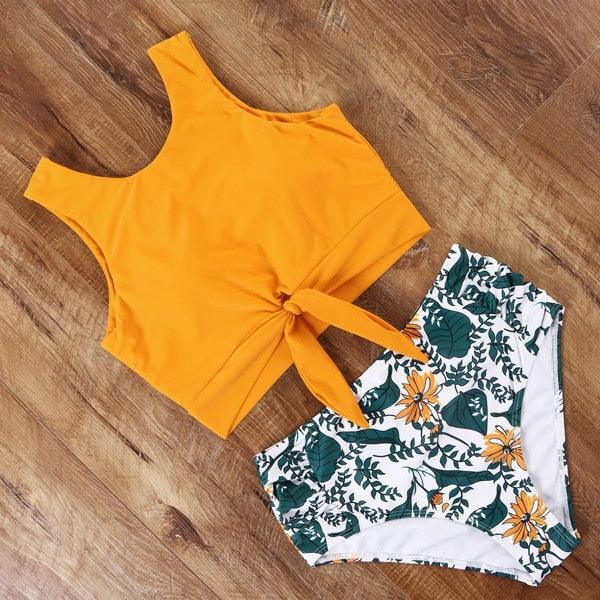 High Waist Bikini Leopard Swimsuit Women Bikini Floral Swimsuit Floral Crop Tie Knot Front High Waist Bikini Set Two Piece Swimsuit For Women Leopard Print High Neck Bikini Push Up Swimwear Summer High Waisted Bathing Suit