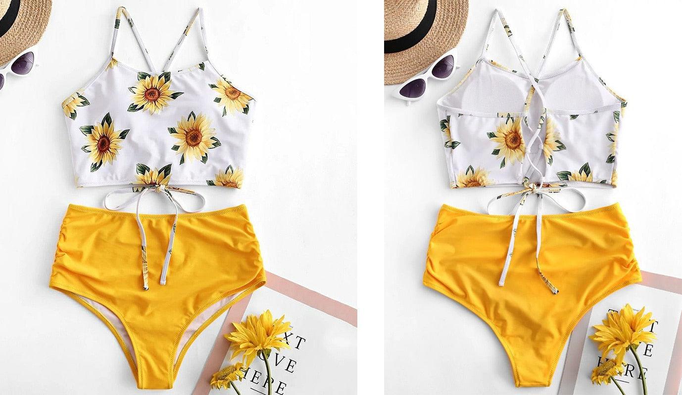 High Waist Bikini Leopard Swimsuit Women Bikini Floral Swimsuit Floral Crop Tie Knot Front High Waist Bikini Set Two Piece Swimsuit For Women Leopard Print High Neck Bikini Push Up Swimwear Summer High Waisted Bathing Suit