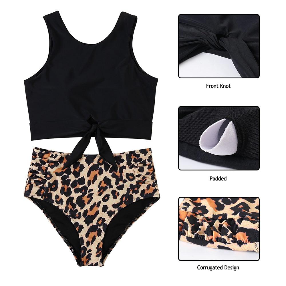 High Waist Bikini Leopard Swimsuit Women Bikini Floral Swimsuit Floral Crop Tie Knot Front High Waist Bikini Set Two Piece Swimsuit For Women Leopard Print High Neck Bikini Push Up Swimwear Summer High Waisted Bathing Suit