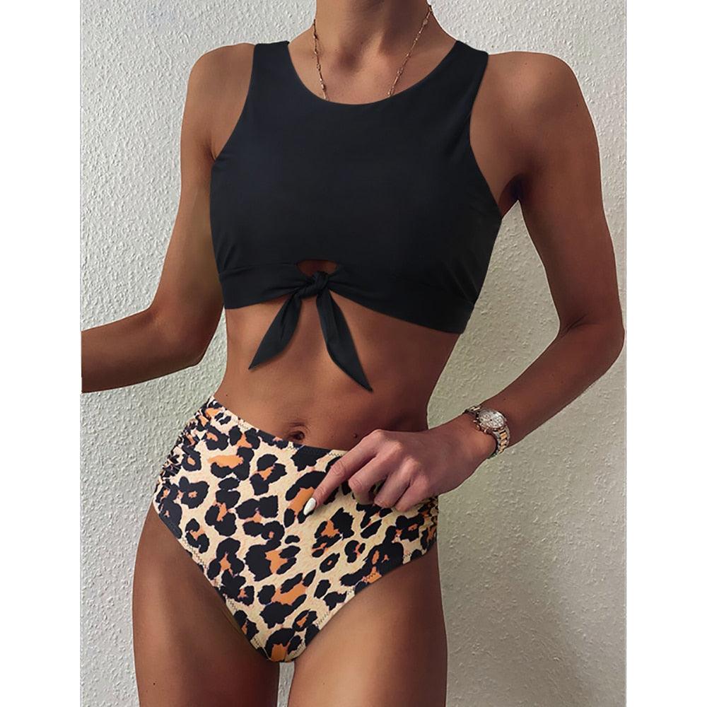 High Waist Bikini Leopard Swimsuit Women Bikini Floral Swimsuit Floral Crop Tie Knot Front High Waist Bikini Set Two Piece Swimsuit For Women Leopard Print High Neck Bikini Push Up Swimwear Summer High Waisted Bathing Suit