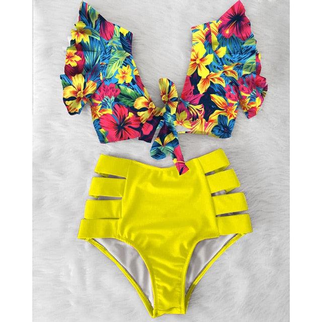 High Waist Bikini Ruffle Swimwear Women Print Swimsuit Push Up Bikinis Plus Size Bathing Suits Floral Beach Wear Bikini Swimsuits for Teen Girls