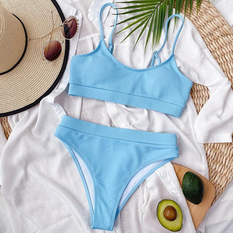 High Waist Bikini Swimsuits Women Push Up Swimwear Ribbed Bathing Suit Strap  Bikinis Set Beachwear High Waist Bathing Suit Full Coverage Two Piece Swimsuit