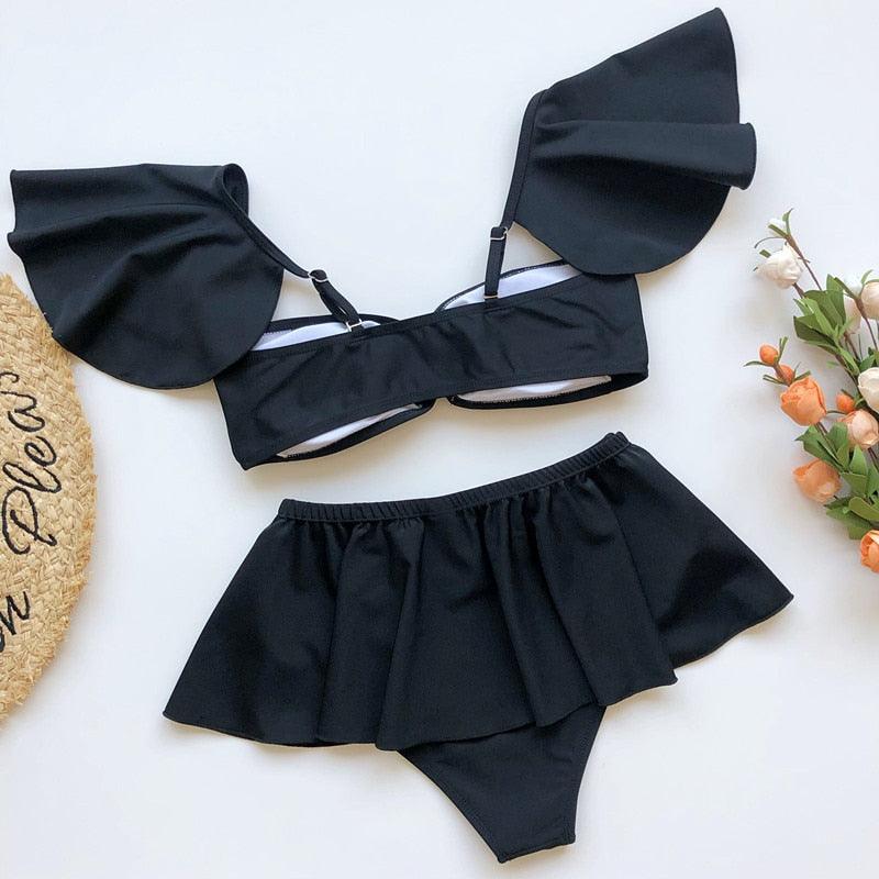 High Waist Bikini Swimwear Women High Waist Flounce Bikini Set Off Shoulder Print Two Piece Bikini Swimsuit Women Print Swimsuit Push Up Ruffle Bikinis Set Women Bandage Bathing Suit Summer Beachwear