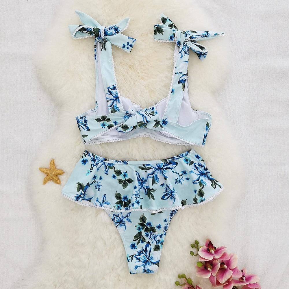 High Waist Bikini Swimwear Women High Waist Flounce Bikini Set Off Shoulder Print Two Piece Bikini Swimsuit Women Print Swimsuit Push Up Ruffle Bikinis Set Women Bandage Bathing Suit Summer Beachwear