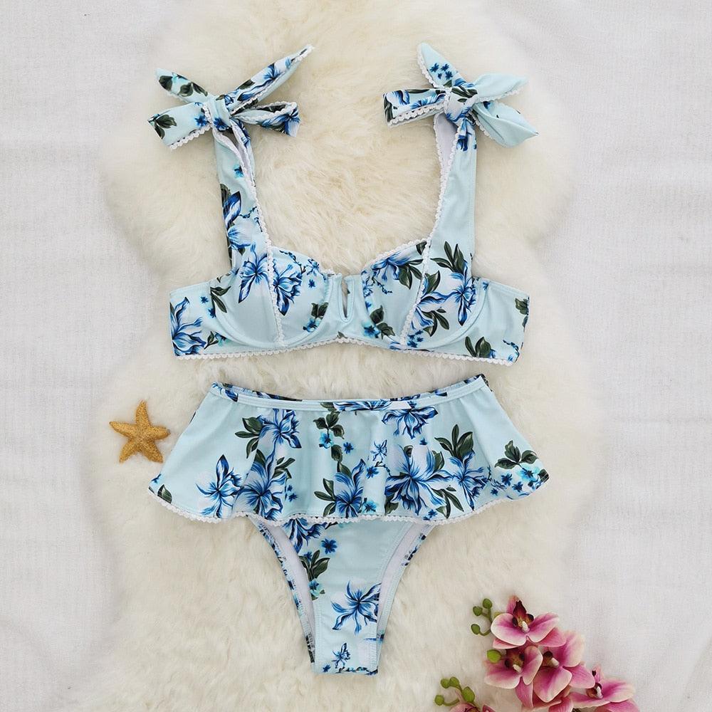 High Waist Bikini Swimwear Women High Waist Flounce Bikini Set Off Shoulder Print Two Piece Bikini Swimsuit Women Print Swimsuit Push Up Ruffle Bikinis Set Women Bandage Bathing Suit Summer Beachwear