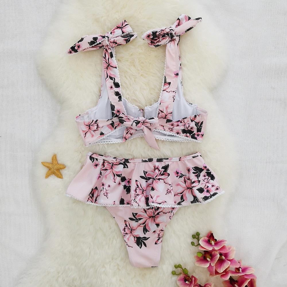 High Waist Bikini Swimwear Women High Waist Flounce Bikini Set Off Shoulder Print Two Piece Bikini Swimsuit Women Print Swimsuit Push Up Ruffle Bikinis Set Women Bandage Bathing Suit Summer Beachwear