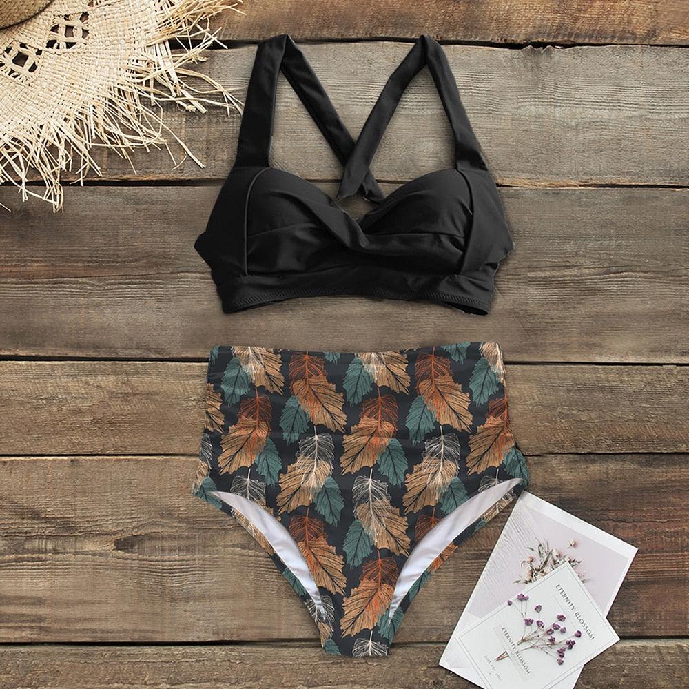 High Waist Bikinis New Halter Swimwear Women Swimsuit Female Bikini Set Print Bathing Suit Summer Two Piece Bikini Swimsuit for Women High Waist Halter Wrap Bathing Suits with Bikini Bottom