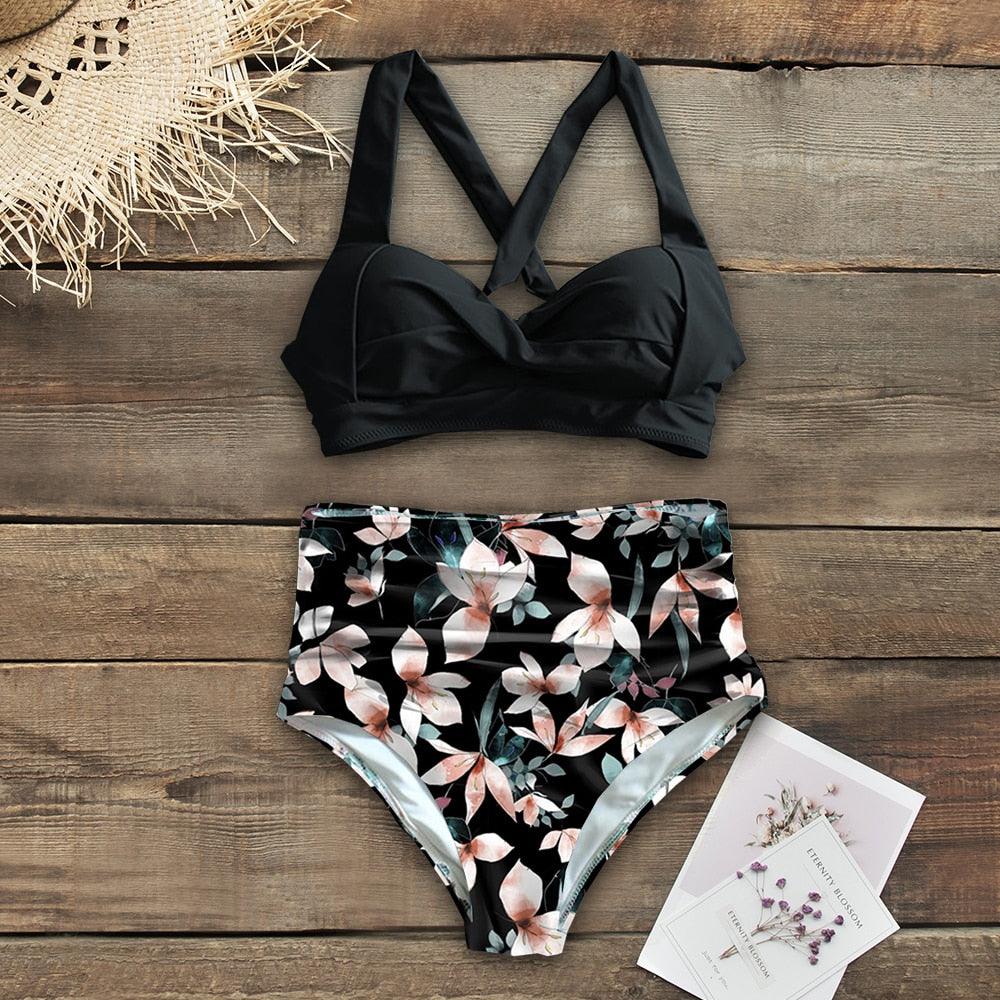 High Waist Bikinis New Halter Swimwear Women Swimsuit Female Bikini Set Print Bathing Suit Summer Two Piece Bikini Swimsuit for Women High Waist Halter Wrap Bathing Suits with Bikini Bottom