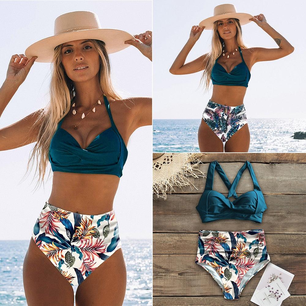 High Waist Bikinis New Halter Swimwear Women Swimsuit Female Bikini Set Print Bathing Suit Summer Two Piece Bikini Swimsuit for Women High Waist Halter Wrap Bathing Suits with Bikini Bottom