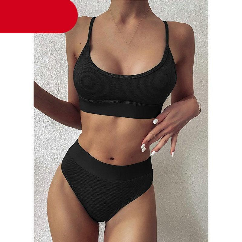 High Waist Bikinis Ribbed Swimwear Women Push Up Swimsuits Women's Scoop Neck Swimsuits High Waist Bikini Sets 2 Piece Bathing Suit Solid Strap Bathing Suit Female Set