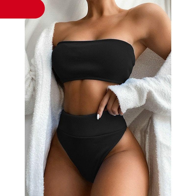 High Waist Bikinis Swimsuits Swimwear Women Black Strapless High Cut Bathing Suit Women  Beachwear Women's Scoop Neck Cut Out Front Lace Up Back High Cut One Piece Swimsuit