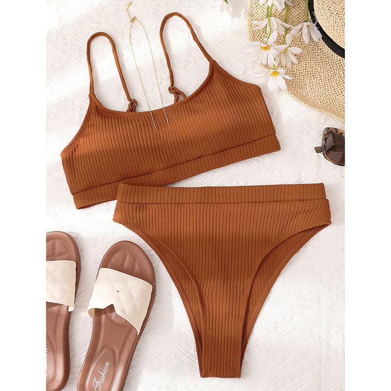 High Waist Bikinis Swimwear Women Push Up Swimsuits Solid High Waist Bikini Sets Sporty Two Pieces Swimsuit Scoop Neck Bathing Suits for Women Ribbed Bathing Suits High Cut Summer Beachwear