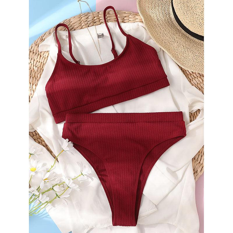 High Waist Bikinis Swimwear Women Push Up Swimsuits Solid High Waist Bikini Sets Sporty Two Pieces Swimsuit Scoop Neck Bathing Suits for Women Ribbed Bathing Suits High Cut Summer Beachwear