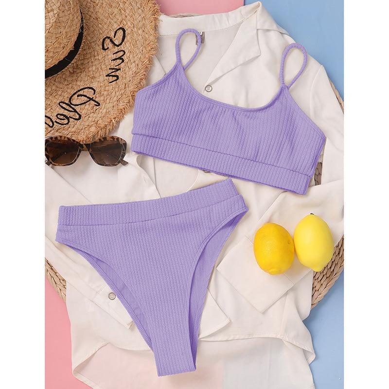 High Waist Bikinis Swimwear Women Push Up Swimsuits Solid High Waist Bikini Sets Sporty Two Pieces Swimsuit Scoop Neck Bathing Suits for Women Ribbed Bathing Suits High Cut Summer Beachwear