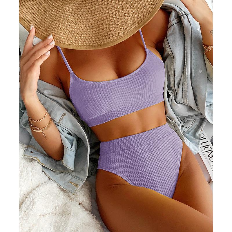 High Waist Bikinis Swimwear Women Push Up Swimsuits Solid High Waist Bikini Sets Sporty Two Pieces Swimsuit Scoop Neck Bathing Suits for Women Ribbed Bathing Suits High Cut Summer Beachwear