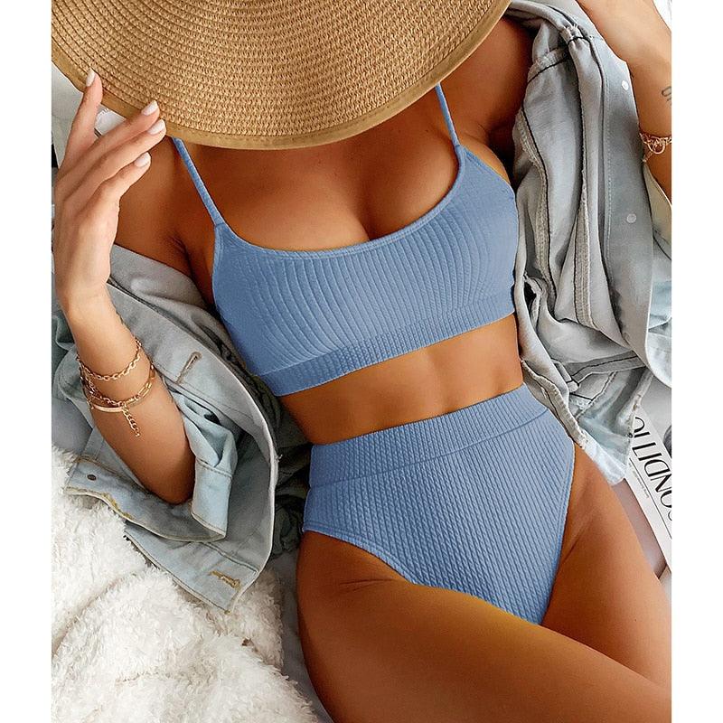 High Waist Bikinis Swimwear Women Push Up Swimsuits Solid High Waist Bikini Sets Sporty Two Pieces Swimsuit Scoop Neck Bathing Suits for Women Ribbed Bathing Suits High Cut Summer Beachwear