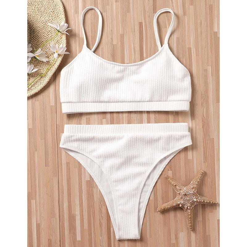 High Waist Bikinis Swimwear Women Push Up Swimsuits Solid High Waist Bikini Sets Sporty Two Pieces Swimsuit Scoop Neck Bathing Suits for Women Ribbed Bathing Suits High Cut Summer Beachwear