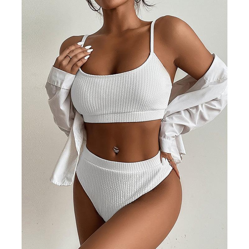 High Waist Bikinis Swimwear Women Push Up Swimsuits Solid High Waist Bikini Sets Sporty Two Pieces Swimsuit Scoop Neck Bathing Suits for Women Ribbed Bathing Suits High Cut Summer Beachwear