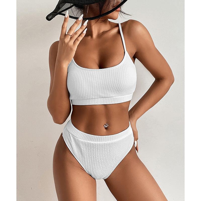 High Waist Bikinis Swimwear Women Push Up Swimsuits Solid High Waist Bikini Sets Sporty Two Pieces Swimsuit Scoop Neck Bathing Suits for Women Ribbed Bathing Suits High Cut Summer Beachwear