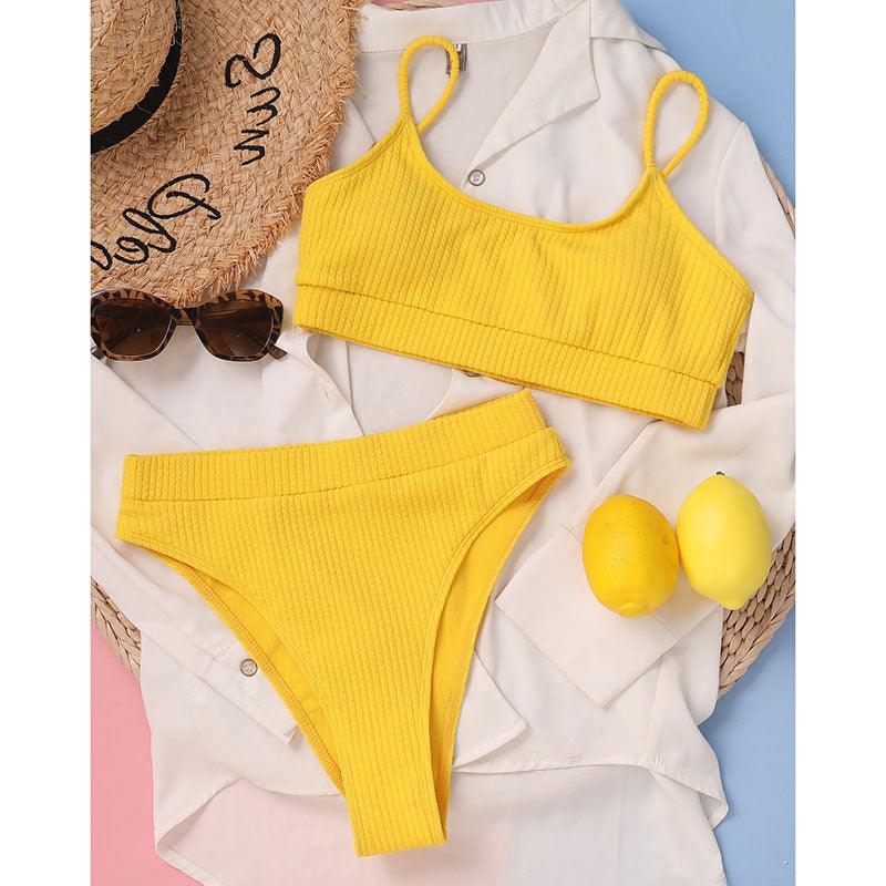 High Waist Bikinis Swimwear Women Push Up Swimsuits Solid High Waist Bikini Sets Sporty Two Pieces Swimsuit Scoop Neck Bathing Suits for Women Ribbed Bathing Suits High Cut Summer Beachwear