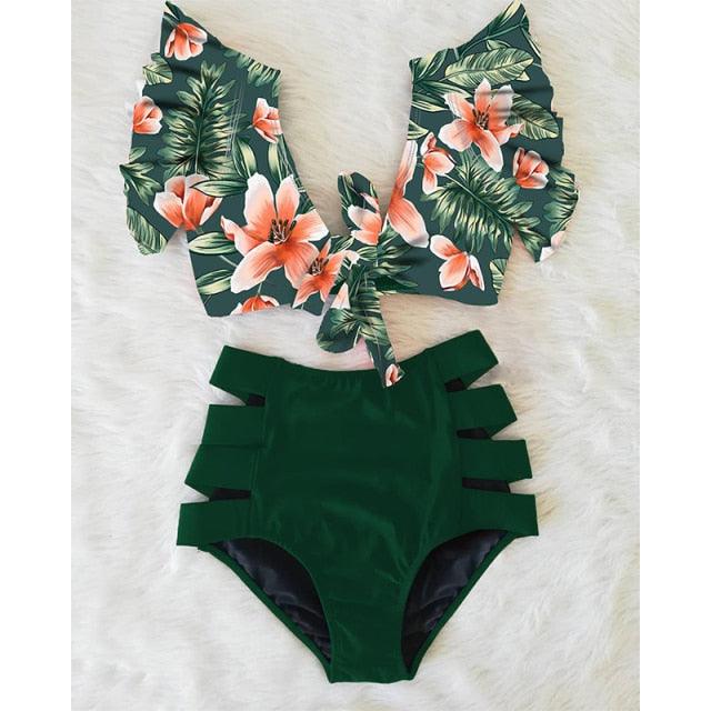 High Waist Ruffled Bikini Set Flounce Bikini Swimwear  Women's Cute Ruffle 2 Piece Bathing Suits Elegant Bikini Swimsuits With Cheeky Floral Women Two Pieces Swimsuit Floral Beachwear V-Neck Bathing Suit