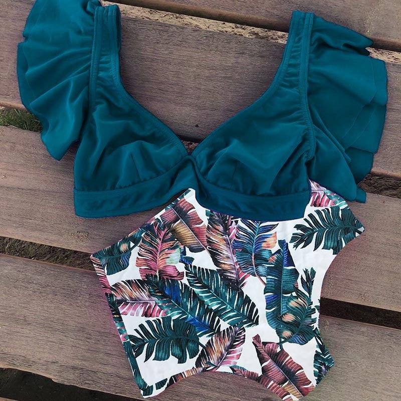 High Waist Ruffled Bikini Set Flounce Swimwear Women Two Pieces Swimsuit Swimsuit for Women Two Pieces Bathing Suits Tummy Control Flounce Top with High Waist Bottom Floral Beachwear V-neck Bathing Suit