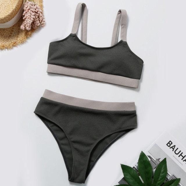 High Waist Swimwear Bikini Women's Swimsuits Women's Halter Self Tie High Waist Two Piece Bikini Set Swimsuits Push Up Bikini Shiny Splicing Bikinis High Cut Bathing Suits