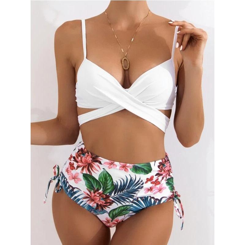 High-Waist Swimwear Set Summer Floral Print Bikini Swimsuit Beachwear Women  Push-Up Bathing Suit Tie Dye 3 Pieces Strings High Cut Bikini Set Bathing Suits