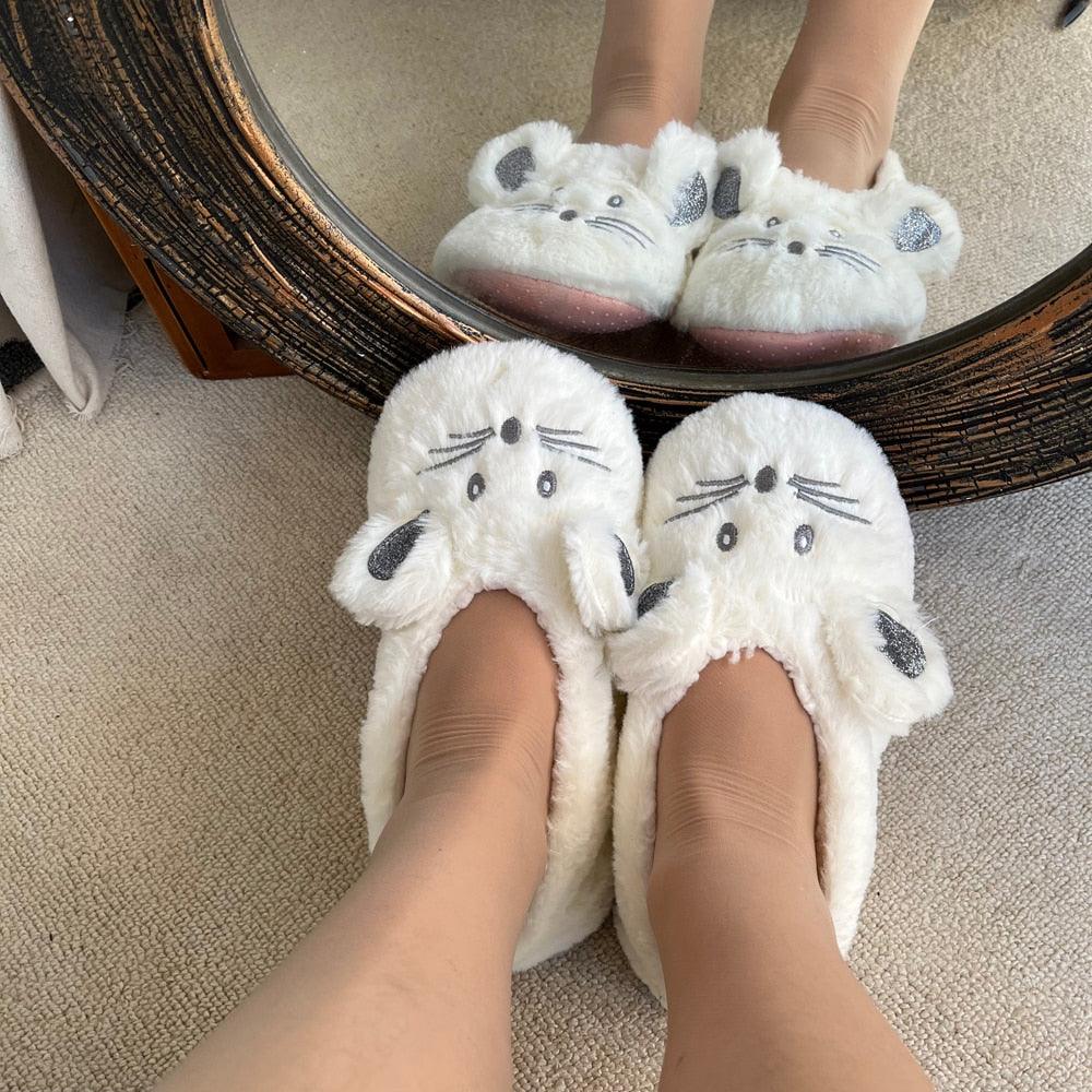 House Slipper Women Winter Non Skid Indoor Fur Cotton Warm Plush Home Fluffy Mouse Ears Memory Foam House Slippers Cozy Cute Animal Home Slipper For Women