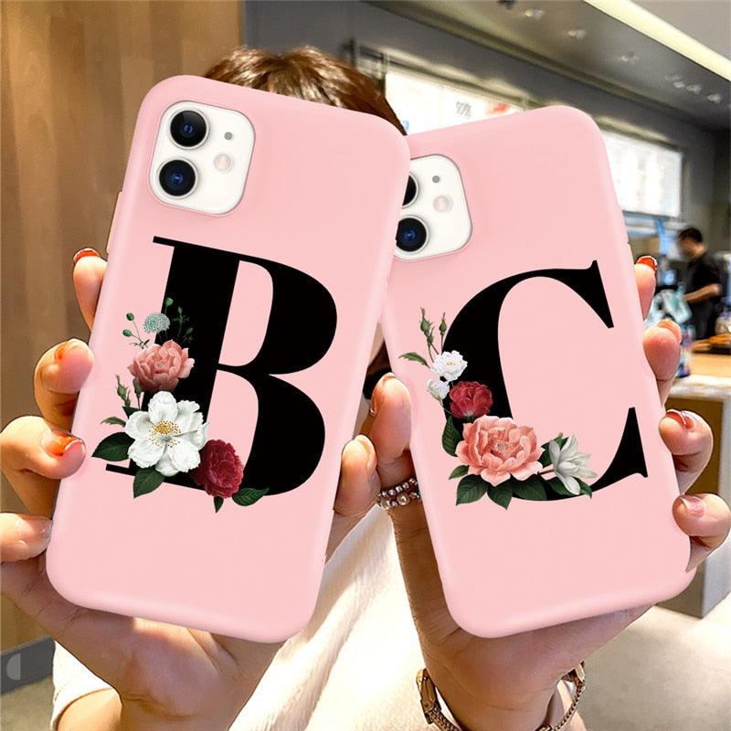 Initial Letter Silicon Phone Case For Iphone  12 Pro Max Retro Pink Flower Soft Back Cover Compatible With Iphone Case Soft Touch Cute Pink Silicone Back Cover For Iphone