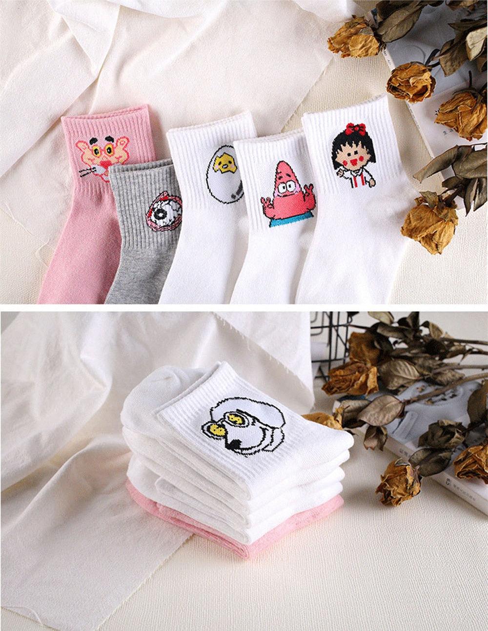 Kawaii Women Animals Cartoon Tube Socks Cute Egg Rabbit Panther Cotton Long Socks Female and Ladies Pink Milk White Short Ankle Socks For Women