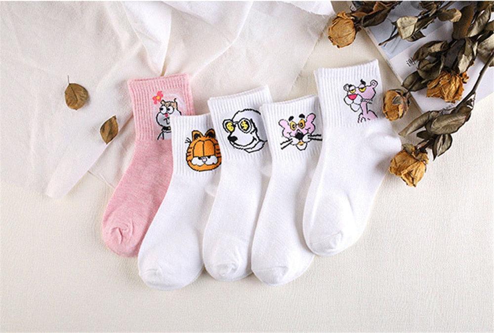 Kawaii Women Animals Cartoon Tube Socks Cute Egg Rabbit Panther Cotton Long Socks Female and Ladies Pink Milk White Short Ankle Socks For Women