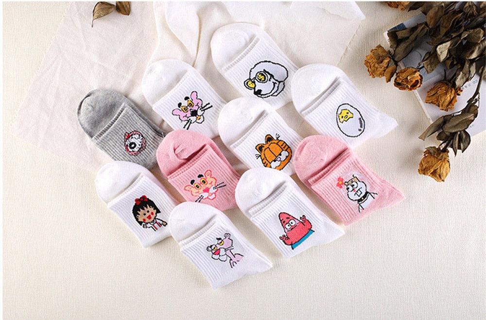 Kawaii Women Animals Cartoon Tube Socks Cute Egg Rabbit Panther Cotton Long Socks Female and Ladies Pink Milk White Short Ankle Socks For Women