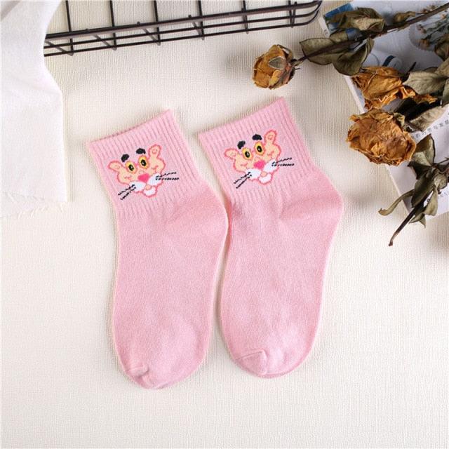 Kawaii Women Animals Cartoon Tube Socks Cute Egg Rabbit Panther Cotton Long Socks Female and Ladies Pink Milk White Short Ankle Socks For Women