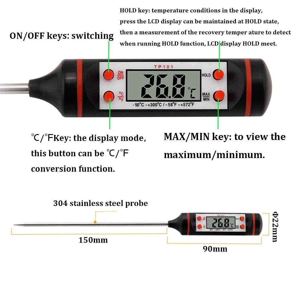 Kitchen Probe Thermometer 304 Stainless Steel Measuring Food Barbecue Milk Soup Oil Thermometer Digital Water Thermometer for Liquid Candle Instant Read With Waterproof For Food Meat Milk Long Probe