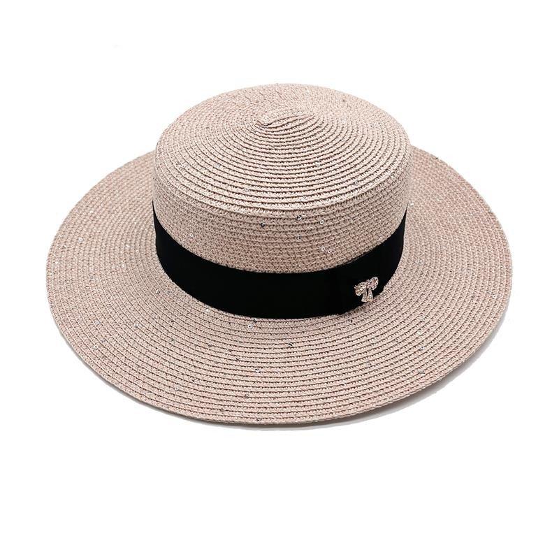 Ladies Sun Boater Classic Flat Hats Straw Hat Wide Brim Boater Hat Summer Straw Hat Beautiful Accessories For Women Retro Female Flat Cap Foldable Packable Beach Hat for Summer 55-58cm