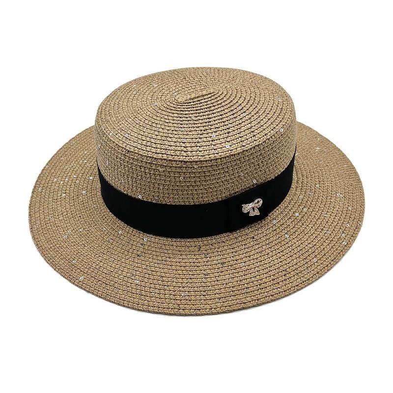 Ladies Sun Boater Classic Flat Hats Straw Hat Wide Brim Boater Hat Summer Straw Hat Beautiful Accessories For Women Retro Female Flat Cap Foldable Packable Beach Hat for Summer 55-58cm