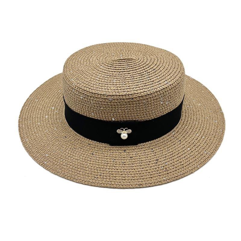 Ladies Sun Boater Classic Flat Hats Straw Hat Wide Brim Boater Hat Summer Straw Hat Beautiful Accessories For Women Retro Female Flat Cap Foldable Packable Beach Hat for Summer 55-58cm