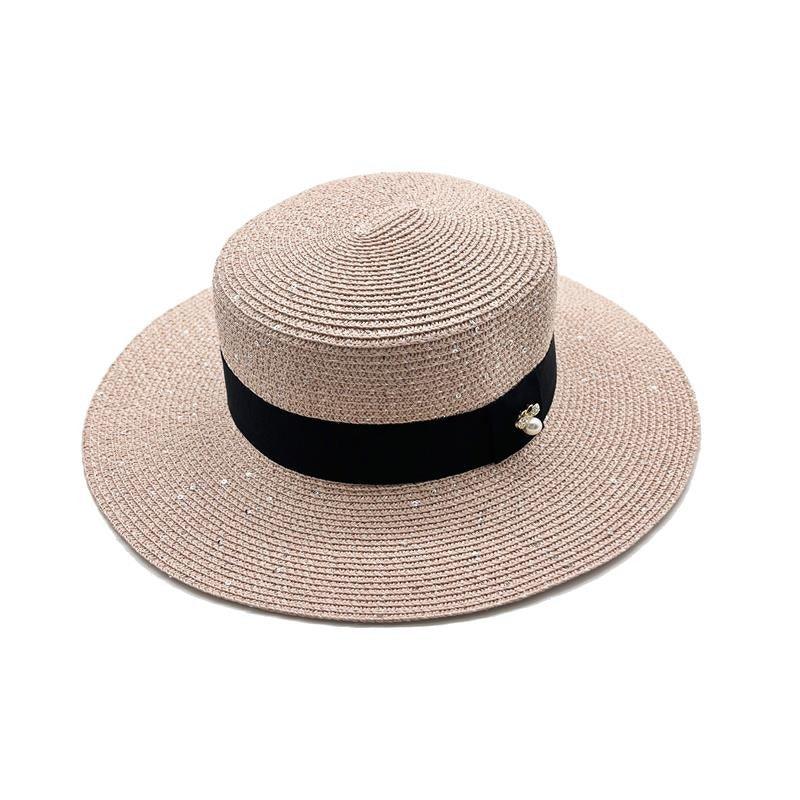 Ladies Sun Boater Classic Flat Hats Straw Hat Wide Brim Boater Hat Summer Straw Hat Beautiful Accessories For Women Retro Female Flat Cap Foldable Packable Beach Hat for Summer 55-58cm