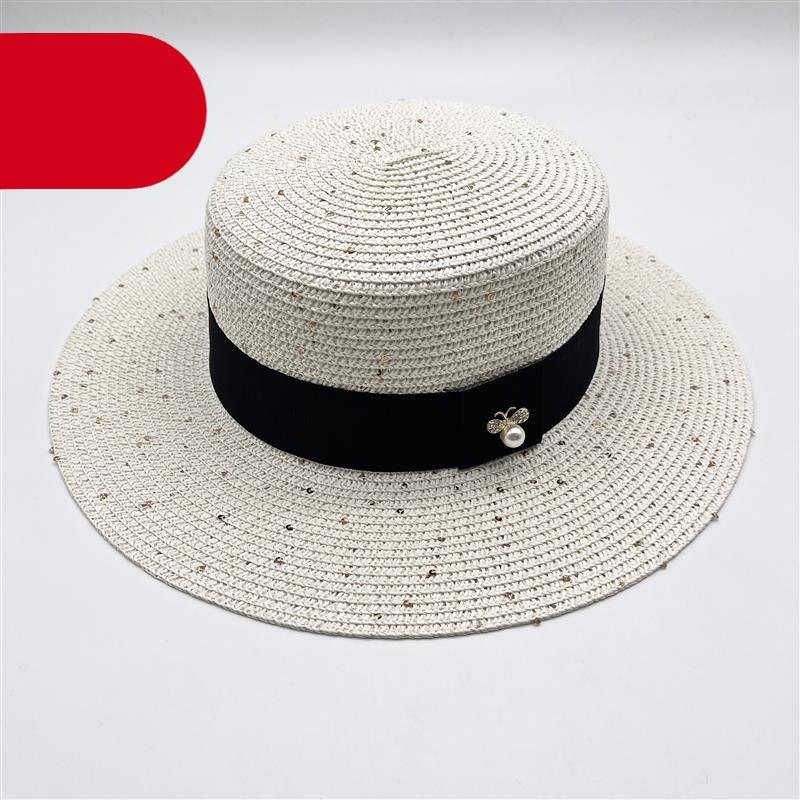 Ladies Sun Boater Classic Flat Hats Straw Hat Wide Brim Boater Hat Summer Straw Hat Beautiful Accessories For Women Retro Female Flat Cap Foldable Packable Beach Hat for Summer 55-58cm