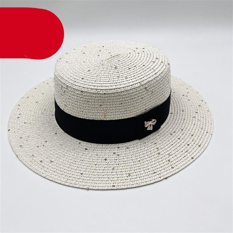 Ladies Sun Boater Classic Flat Hats Straw Hat Wide Brim Boater Hat Summer Straw Hat Beautiful Accessories For Women Retro Female Flat Cap Foldable Packable Beach Hat for Summer 55-58cm