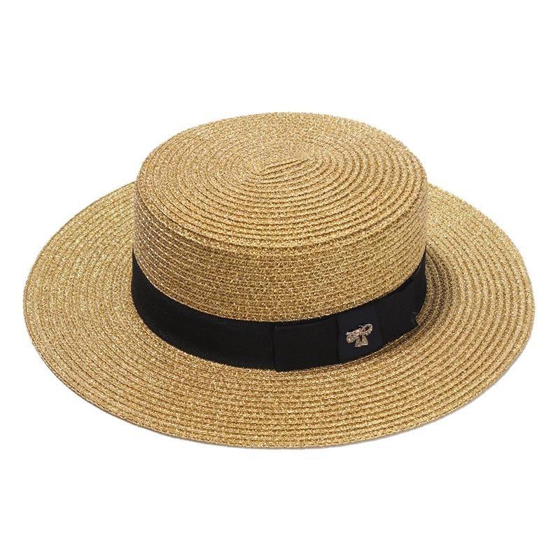 Ladies Sun Boater Classic Flat Hats Straw Hat Wide Brim Boater Hat Summer Straw Hat Beautiful Accessories For Women Retro Female Flat Cap Foldable Packable Beach Hat for Summer 55-58cm