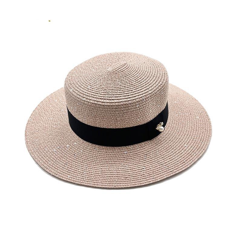 Ladies Sun Boater Classic Flat Hats Straw Hat Wide Brim Boater Hat Summer Straw Hat Beautiful Accessories For Women Retro Female Flat Cap Foldable Packable Beach Hat for Summer 55-58cm