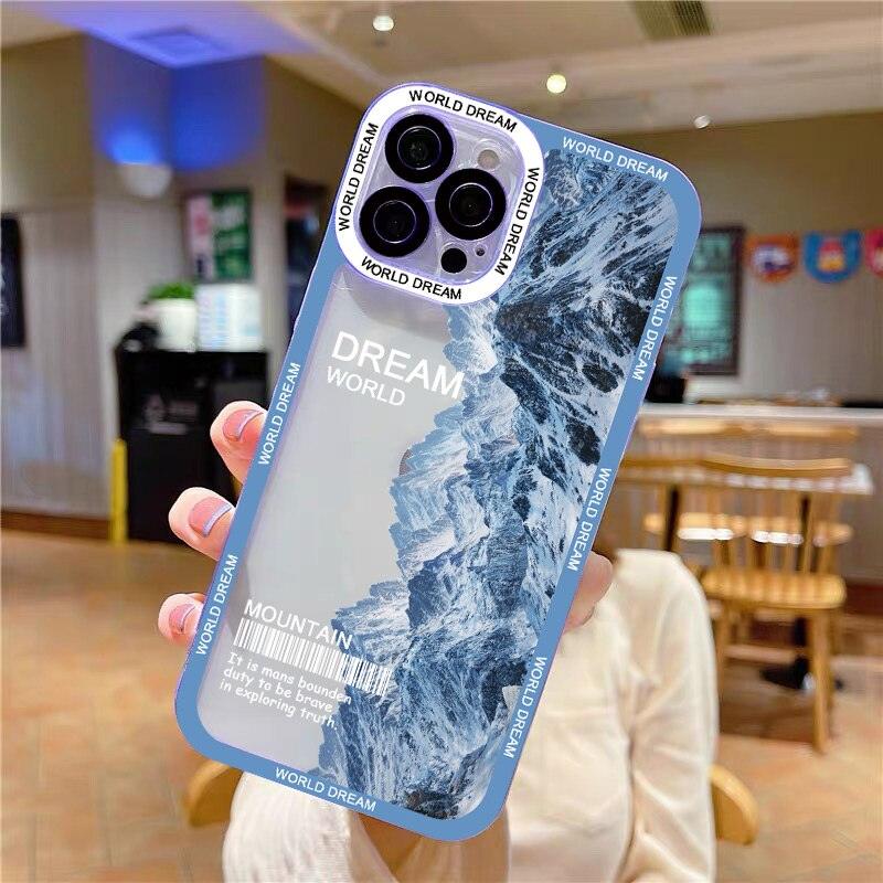 Landscape Snow Mountain Transparent Phone Case For iPhone 7 8 Plus 13 12 11 14 Pro Max X XR XS Luxury Clear Snow Mountain Moon Night Lovely Phone Case Soft Shockproof Camera Lens Protective Cute Case for iPhone