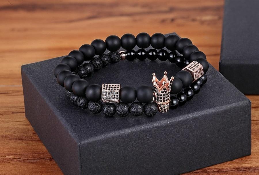 Lava Stone Combination Cubic Zircon Beads Bracelet Natural Red Tiger Eye Black Matte Onyx Stone Crown King Beads Bracelet For Men Women Fashion Charm Zircon Head Elastic Adjustable Bracelet Set Luxury Design