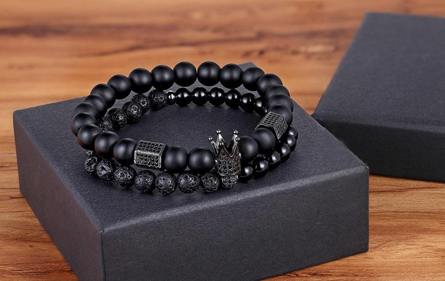 Lava Stone Combination Cubic Zircon Beads Bracelet Natural Red Tiger Eye Black Matte Onyx Stone Crown King Beads Bracelet For Men Women Fashion Charm Zircon Head Elastic Adjustable Bracelet Set Luxury Design