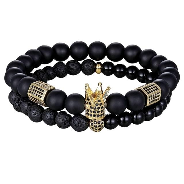 Lava Stone Combination Cubic Zircon Beads Bracelet Natural Red Tiger Eye Black Matte Onyx Stone Crown King Beads Bracelet For Men Women Fashion Charm Zircon Head Elastic Adjustable Bracelet Set Luxury Design